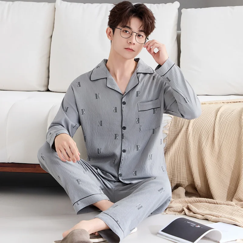 طقم بيجامة رجالي مقاس كبير على الطراز الكوري للربيع/الخريف من القطن السحابي بأكمام طويلة ملابس مريحة عالية الجودة للشباب البالغين #6