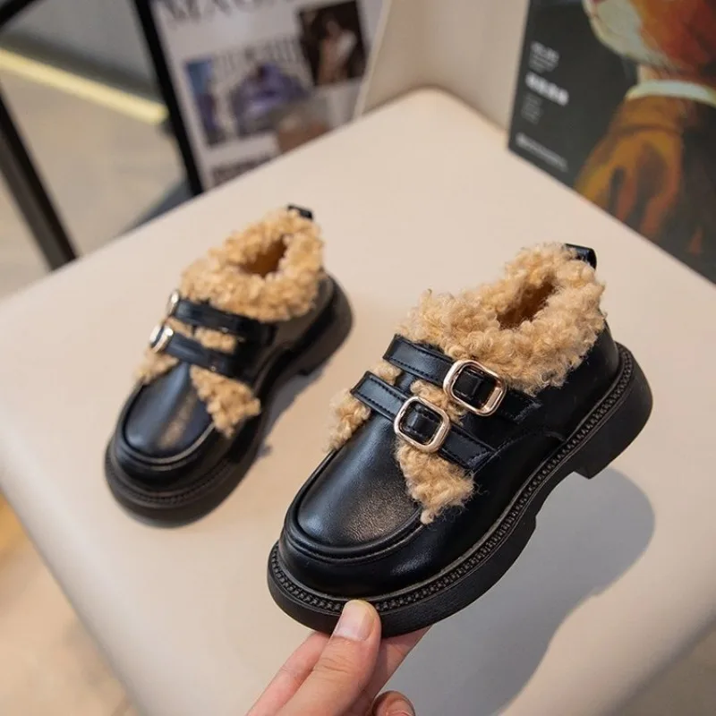 Girl Shoe Kid Lamb Fur Plush Leather Shoe Winter British Warmth Cotton Shoe Fashion Princess Loafers Shoe Kid Shoe Mary Jane