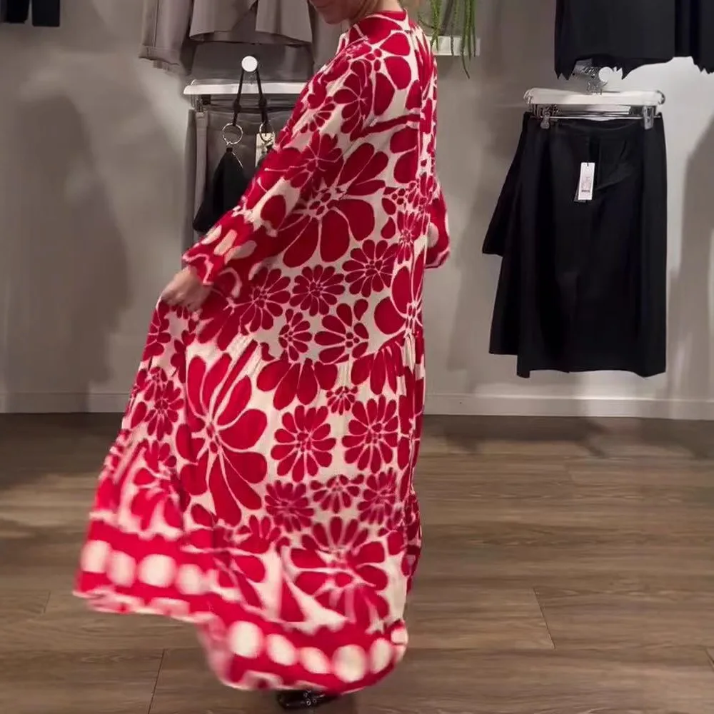 ชุดสตรีเดรสเดี่ยวแขนยาวพิมพ์หลวมBohemian 2025 ฤดูร้อนSpliced BohoสายVestidos