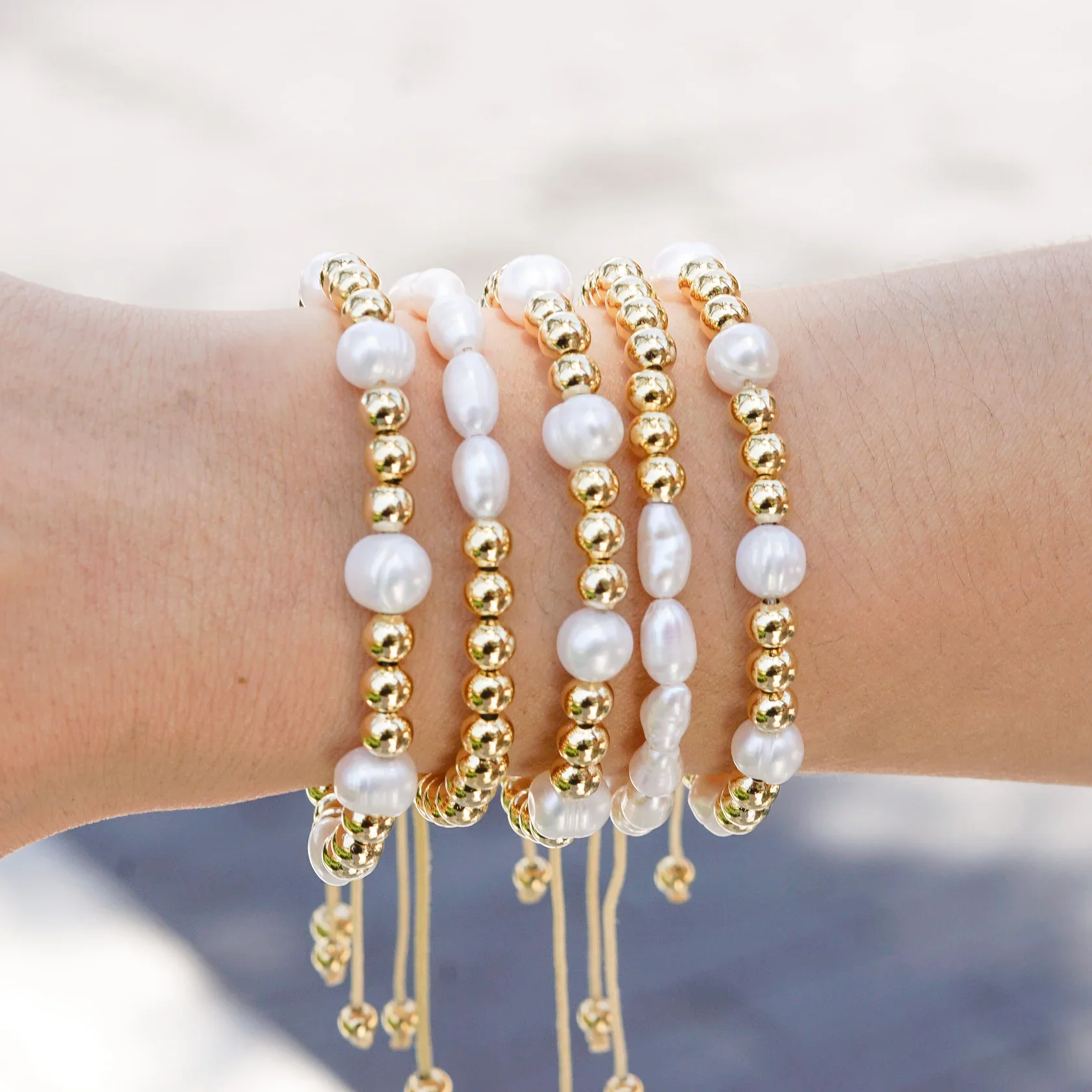 

CCGOOD Natural Pearl Beaded Bracelet Gold Plated Bead Adjustable Slider Bracelet Boho Minimalist Jewelry for Women Summer Beach