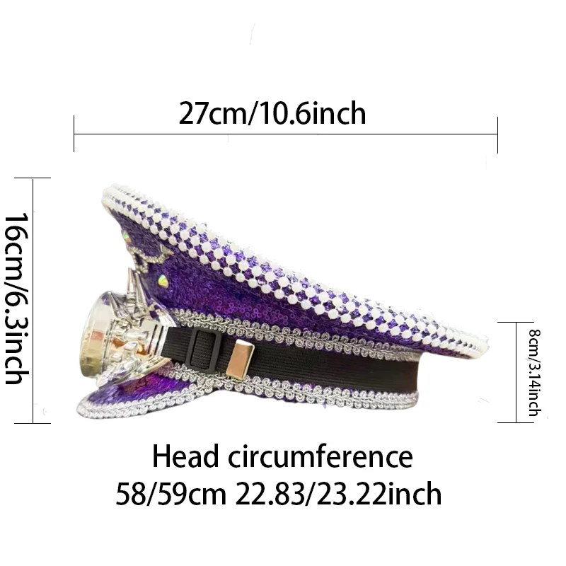 

Steampunk Captain Hat Rhinestone for Music Festival, Halloween, Disco, Burning Man, Vintage Military Cap for Men & Women
