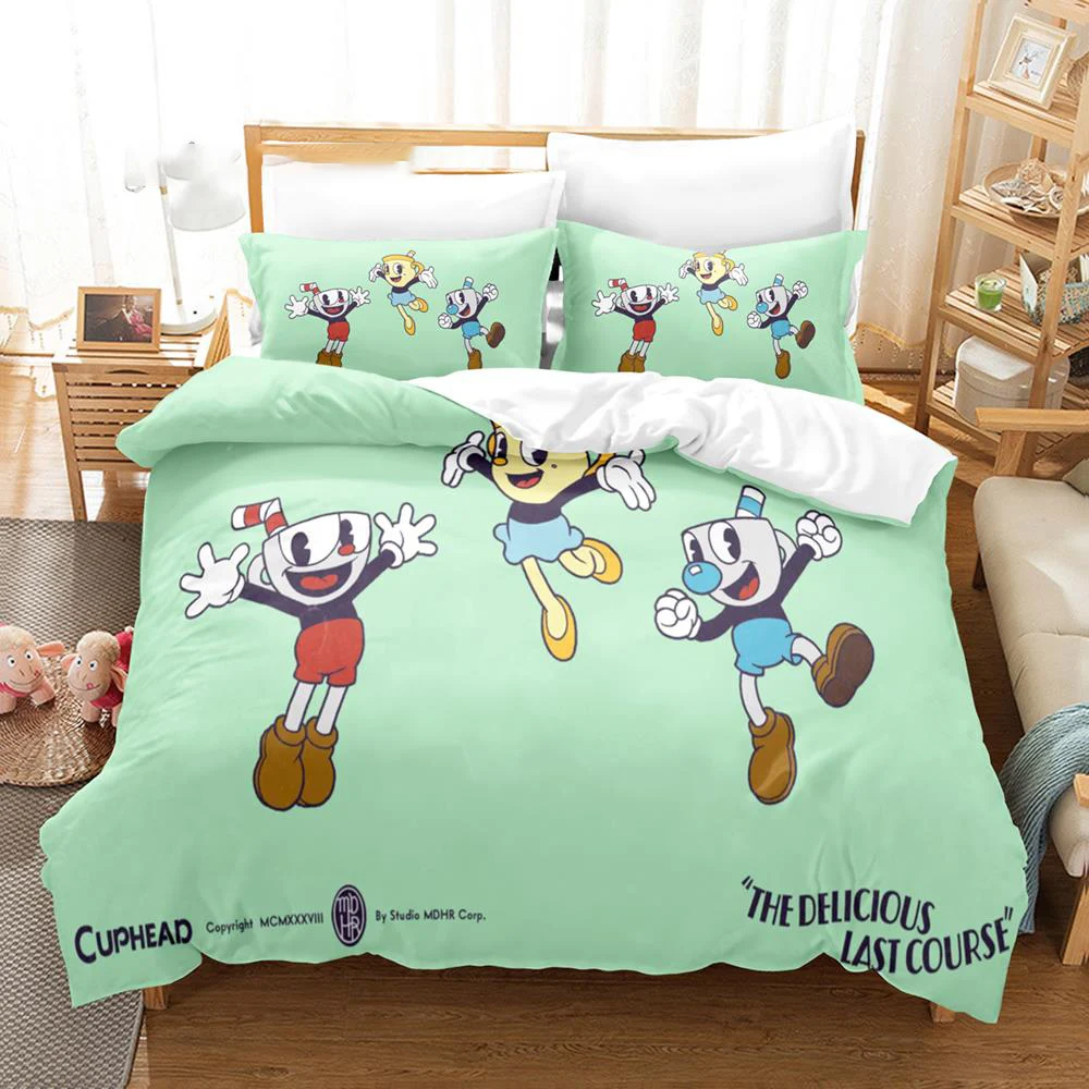 Imagem -04 - Desenhos Animados Cuphead Show Conjunto de Cama para Meninos e Meninas Capa de Edredão Fronha Gêmeo Queen Size Têxtil Doméstico Cama Crianças Moda Adulta