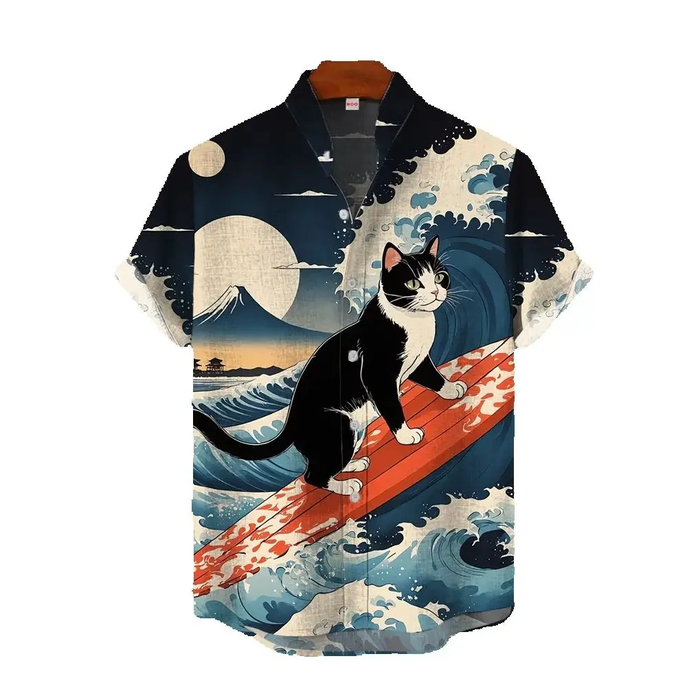 

Japanese Animal Graphic Men's Shirt Summer Casual Short Sleeve Tops Hawaiian Shirts Men Oversized Lapel Button T-Shirt Man Tees
