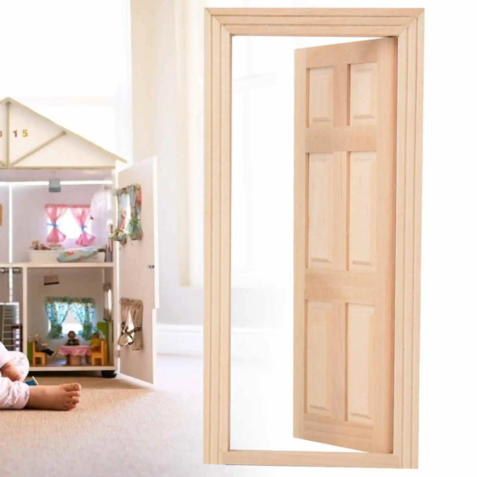 

1:12 Scale Unpainted Solid Wood Door Miniature Dollhouse Wooden Door Birch Wood Door with Frame for Model Building