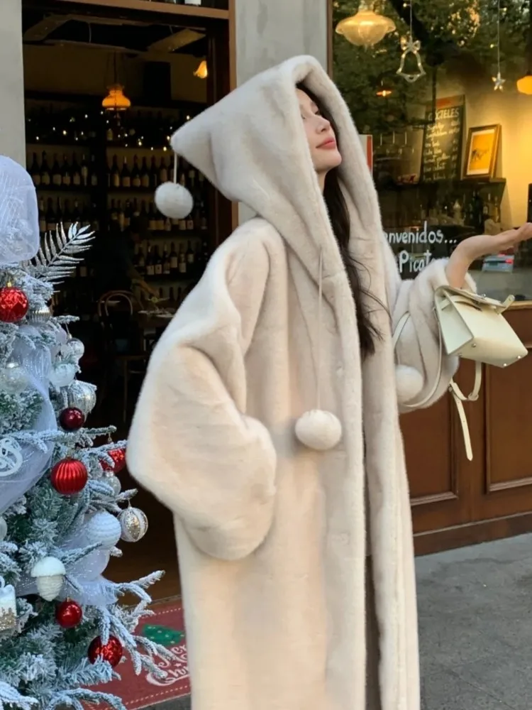 

Women Autumn Winter Warm Faux Fur Coats Casual Elegant Hooded Long Fluffy Halloween Costumes Female Fashion Christmas Clothes