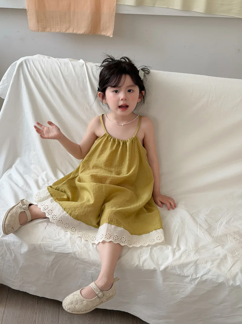 2026 Summer New Girls Sleeveless Sling Dress Children Vest Dress Cute Baby Girl Lace Holiday Dress Cotton Kids Clothes