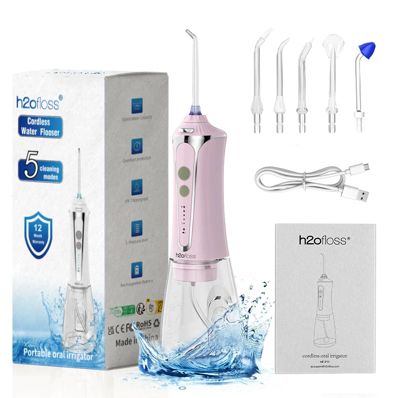 H2ofloss Draadloze draagbare waterflosser 300 ml 5 modi IPX7 Oplaadbare monddouche met 5 mondstukken 2500 mAh Lokale verzending