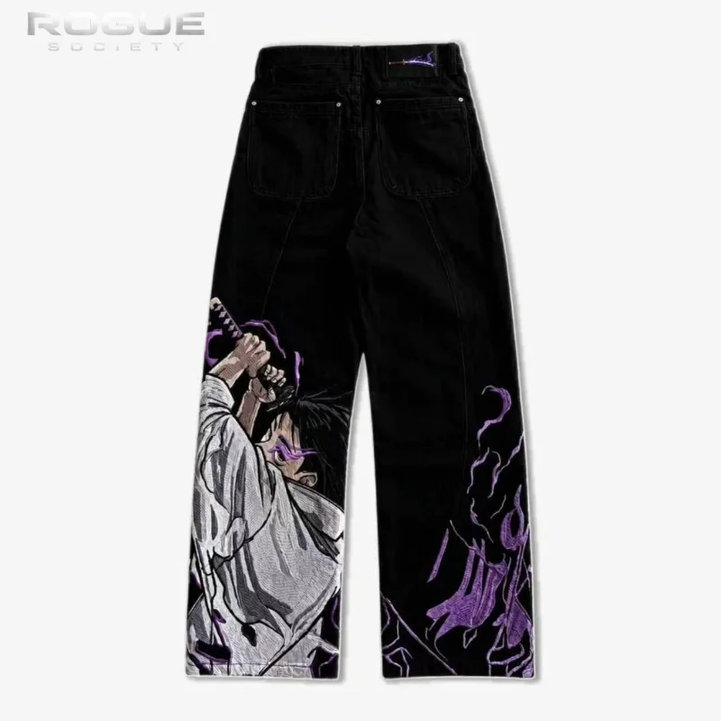 New Mens Harajuku Anime Character Embroidery Y2K Jeans Purple Flame Pattern Baggy Denim Pants Hip Hop Streetwear Loose Trousers