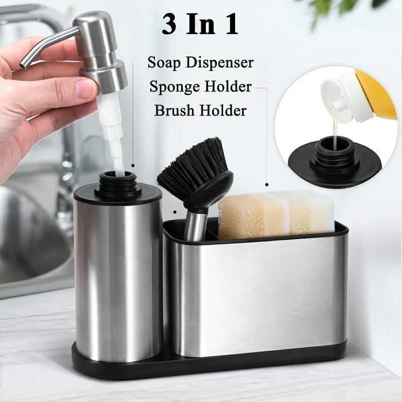 Bathroom Dish Soap Dispensers (A Spare Brush Included) Kitchen Sink Organizer Sponge Holder  - Rustproof