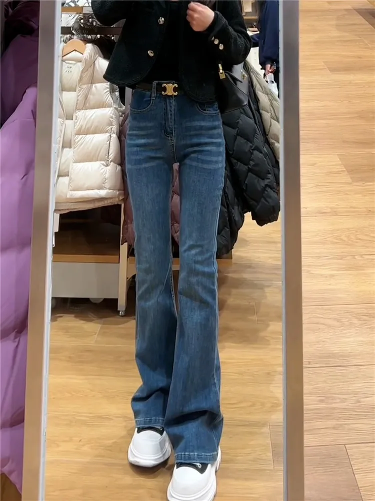 

Extended High Waist Bell Bottom Denim Jeans Women's Spring Autumn Slimming Floor Length American Style Retro Blue Jeans