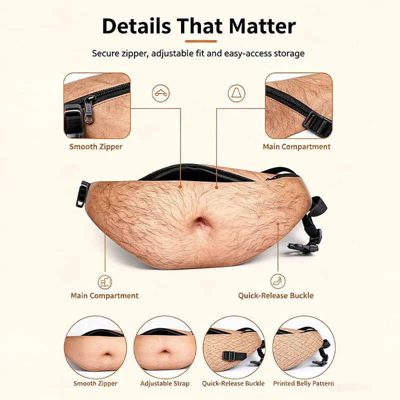 2026 Neue Lustige Fake-Bierbauch-Gürteltasche 3D Unsichtbare Bauchtasche mit Reißverschluss Versteckter Aufbewahrungsbeutel Scherzartikel Geschenk für Outdoor-Partys – Detail 2