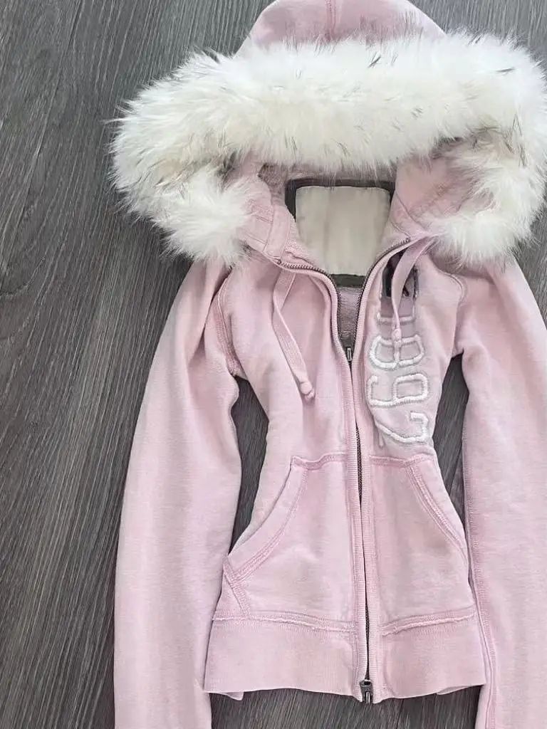 

Retro American Vintage Pink Fluffy Hooded Waist-Cinching Women's Y2K Sweatirt Jaet Street Sle Long Sve Zipper Closure