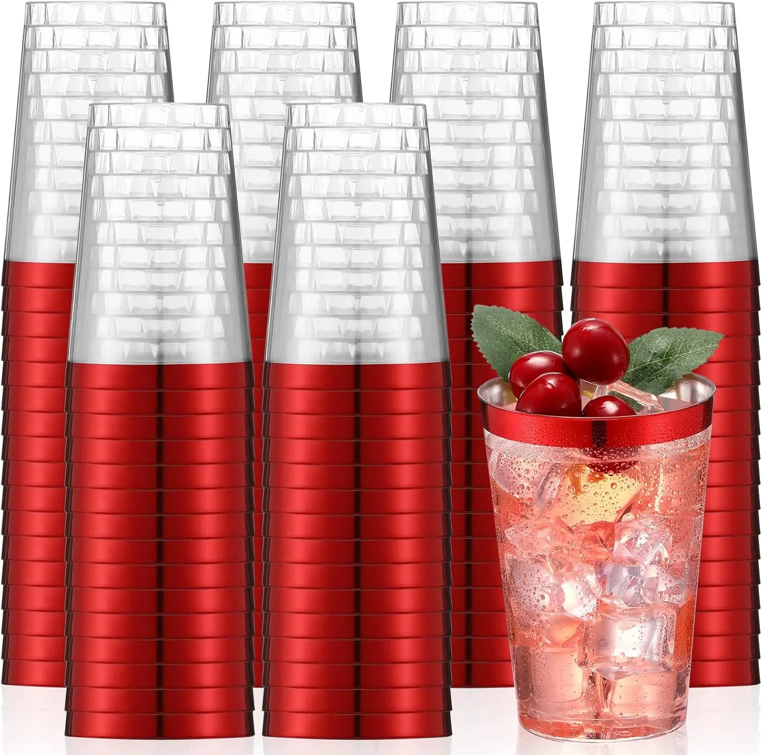 

100 Pcs Red Plastic Cups 12 oz Red Rimmed Plastic Cups Heavy Duty Disposable Wine Glasses Clear Cocktail Glasses Drinkin