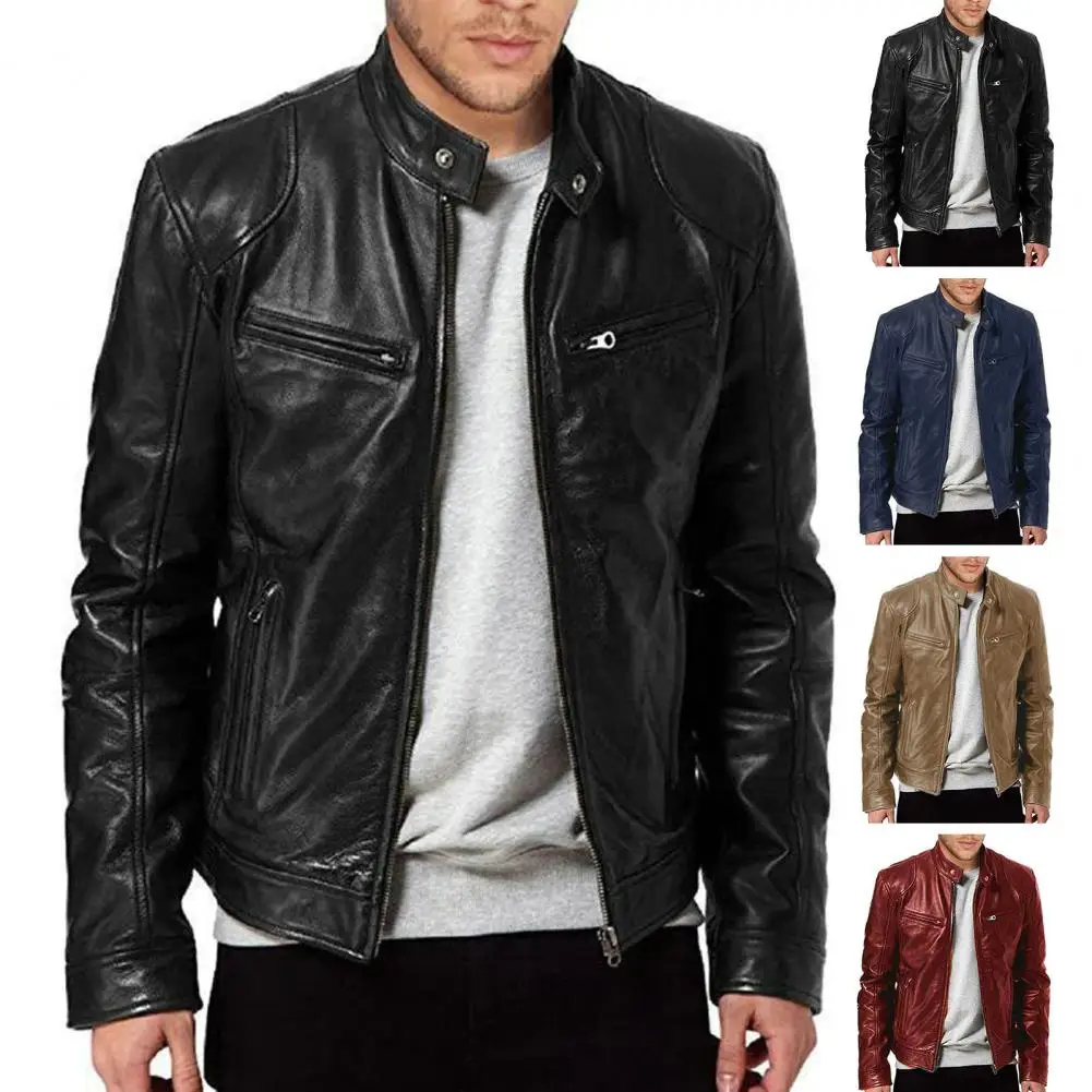 Fashion Mens Leather Jacket Slim Stand Collar PU Jacket Male Anti-wind Motorcycle Lapel Diagonal Zipper Jackets Coat Outerwear