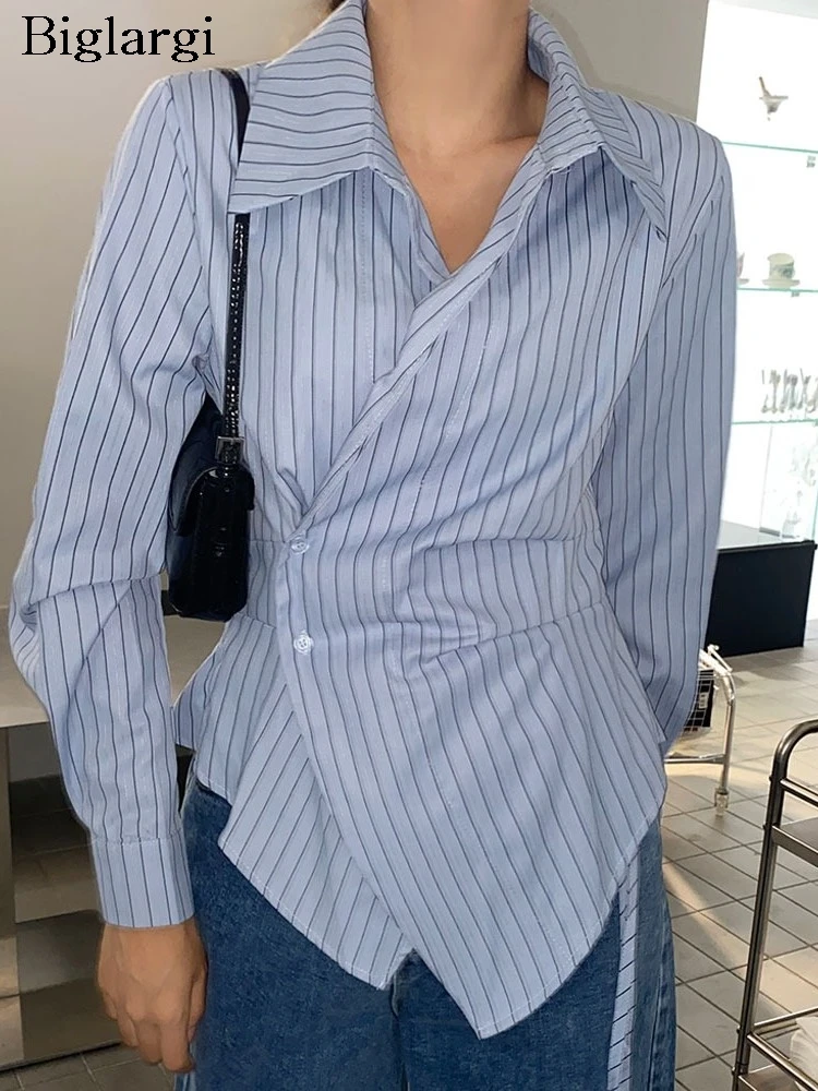 

Spring Striped Print Shirts Tops Women Slim Waist Fashion Irregular Ladies Blouses Long Sleeve Korean Style Woman Shirt Tops