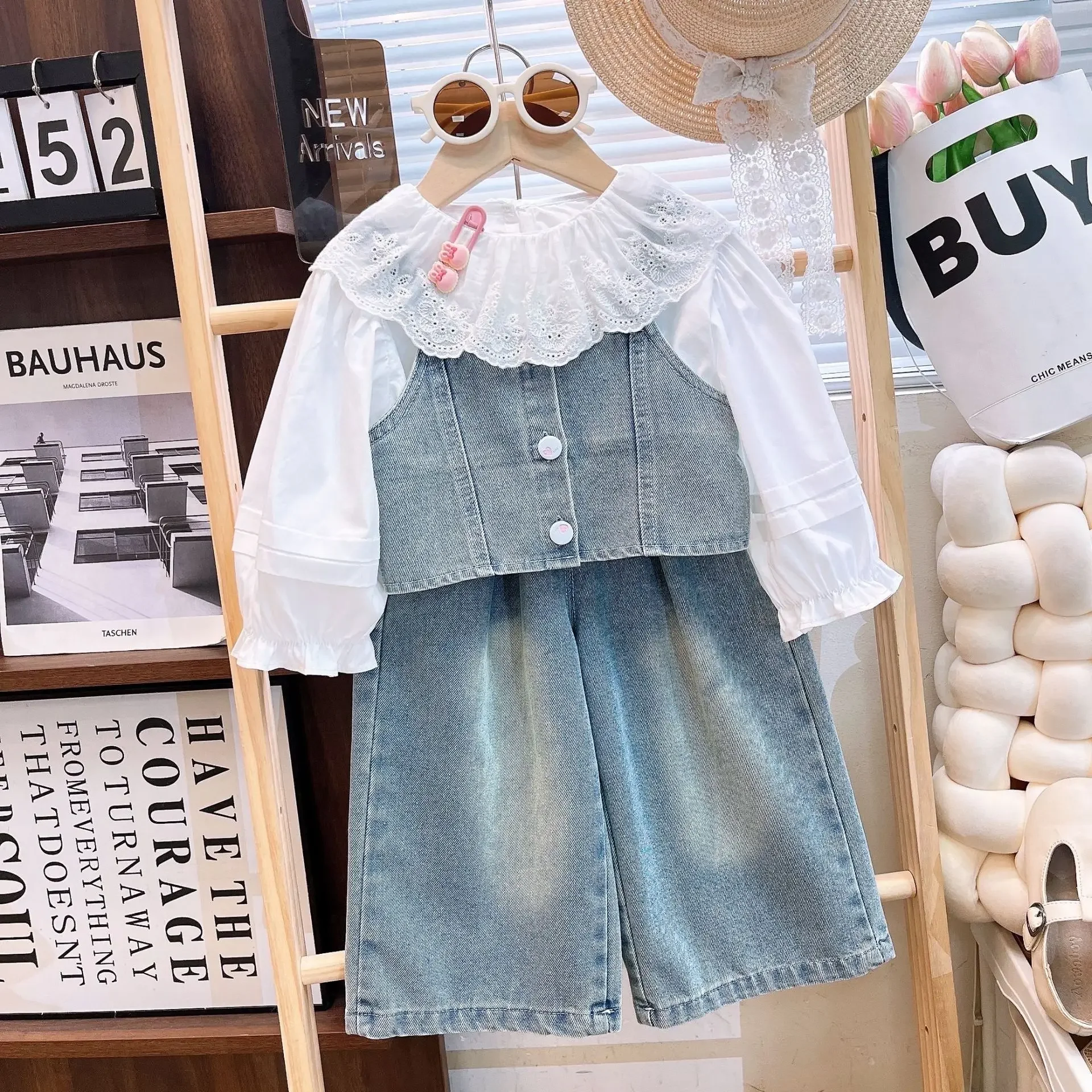 Girls Spring Autumn 3-Piece Set – Lace Lapel Shirt, Denim Vest & Pants, Cotton Blend Kids Casual Outfit Baby Girl Clothes