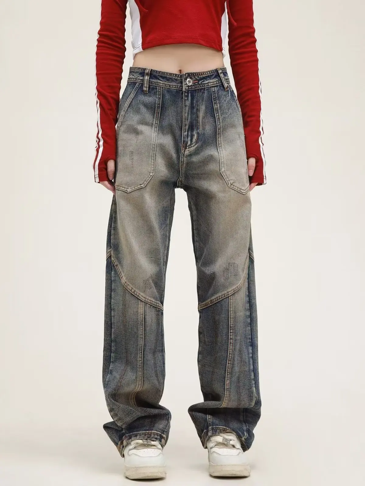 

Women's Retro Washing And Old Blue Jeans Trendy 2000s Aesthetic American Splicing Deconstructed Loose Casual 90s Denim Trousers