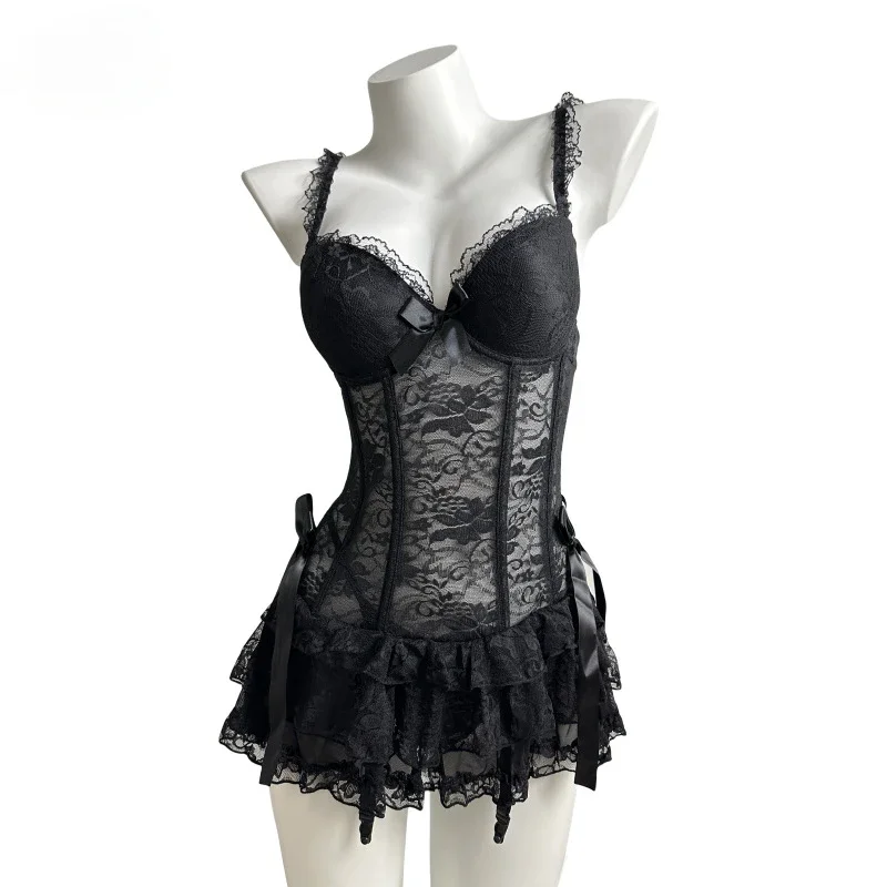 مشد أسود الملابس الداخلية فستان المرأة مثير overالصدر رفع مشد الدانتيل هيكل السمكة مشد شفاف بوستير كلوبوير ينغيرييس 2025 #3