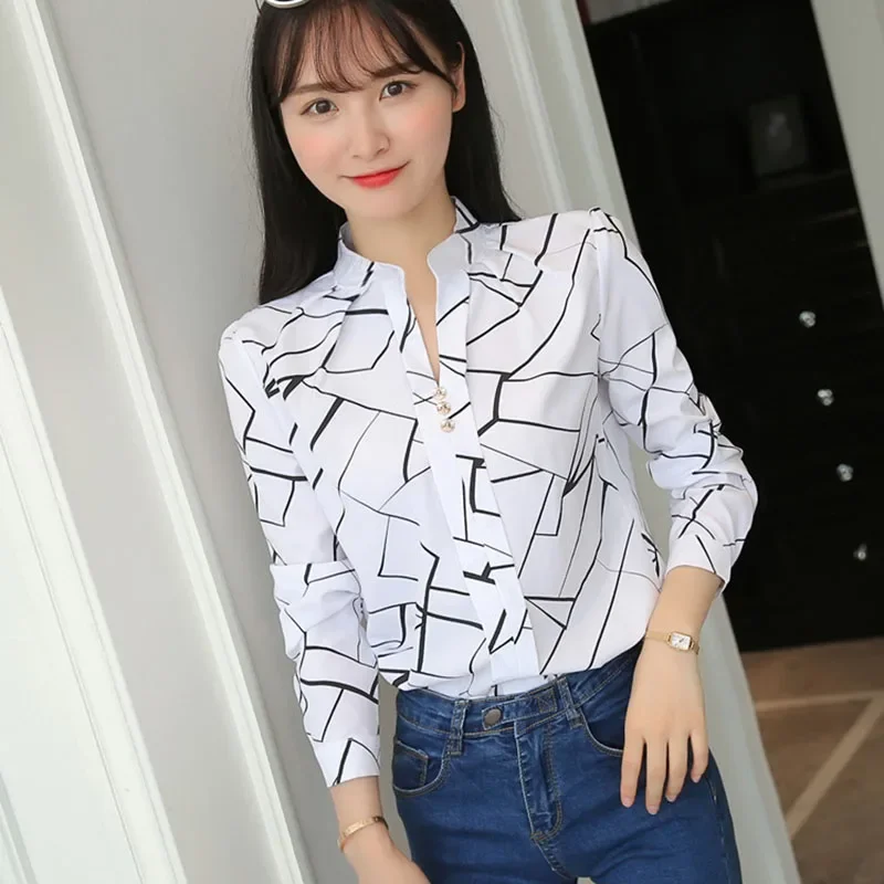 

Autumn New White Shirt For Women Fashion Stripe Print Long Sleeve Office Lady Blouses Casual Loose Stand-up Collar Blusas