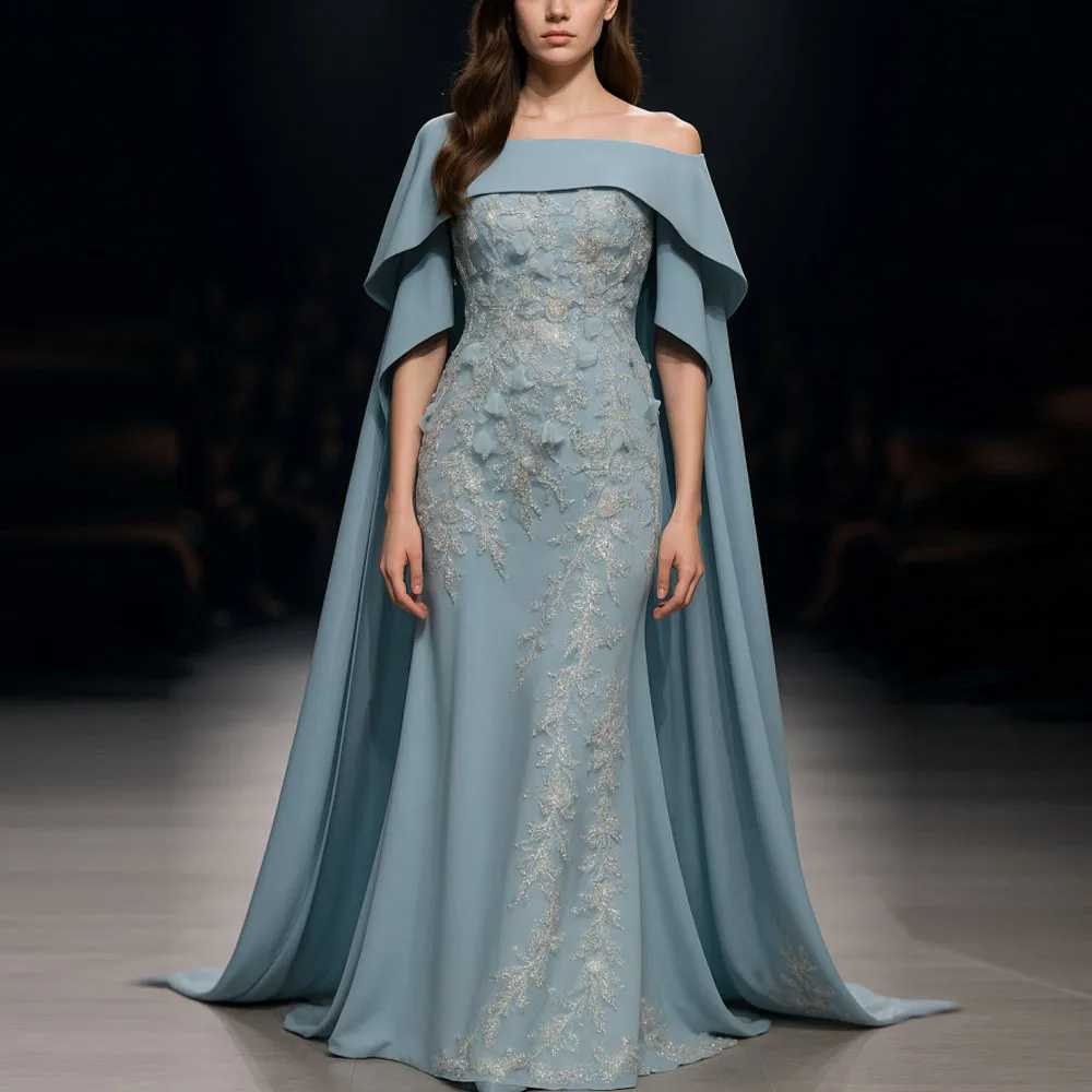 

Customized Elegant Evening Dresses with Shawl 2025 Off the Shoulder Sequin Appliques Formal فساتين سهرات