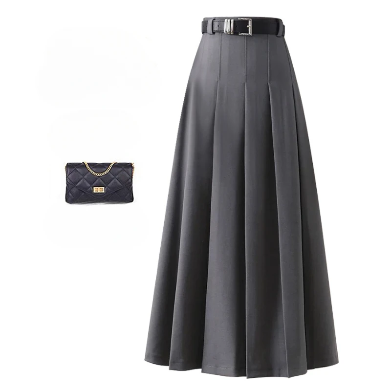 

Female Elegant Vintage Pleated Maxi Long Skirt Women with Belt Korean Preppy Style High Waist Slim A-Line Pleated Skirts Q938