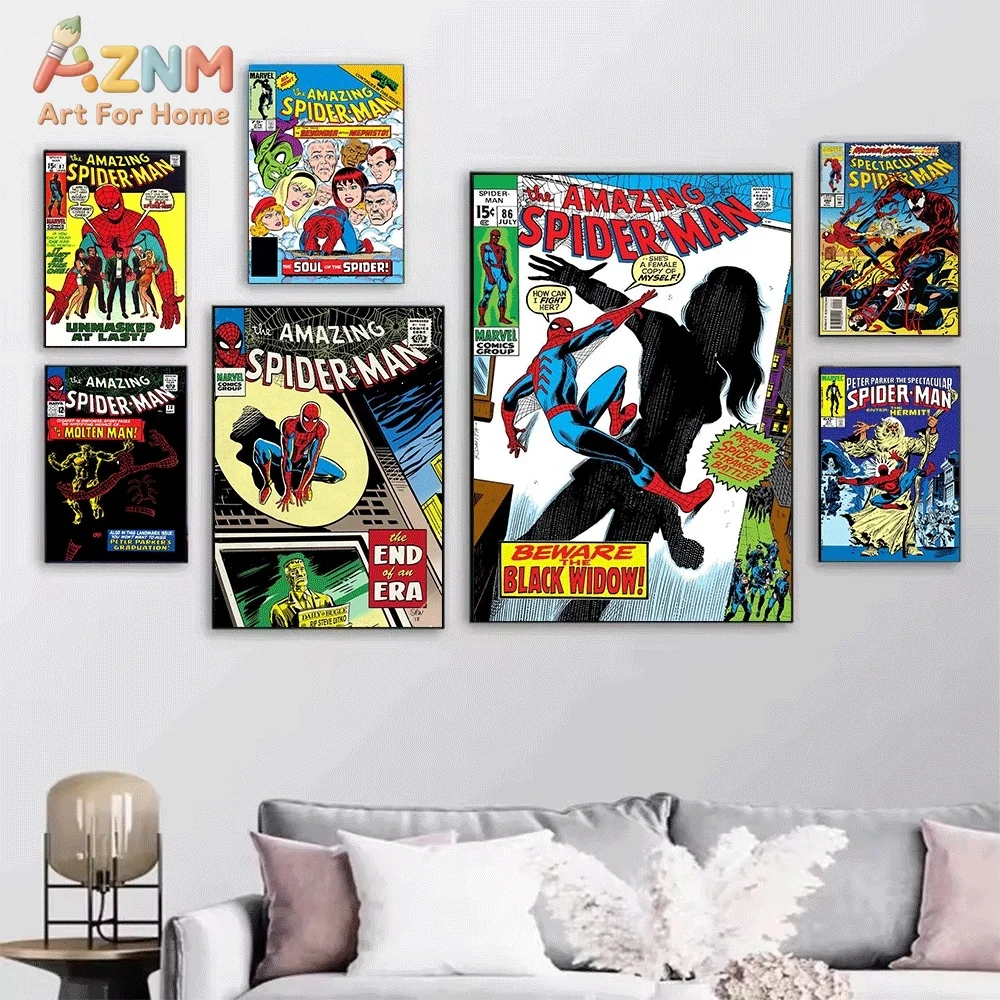 Ancient Greek Style Dress Sketch & Spider‑Man Vintage Comic Cover Canvas Wall Art Print Poster Unframed Canvas Painting Home B