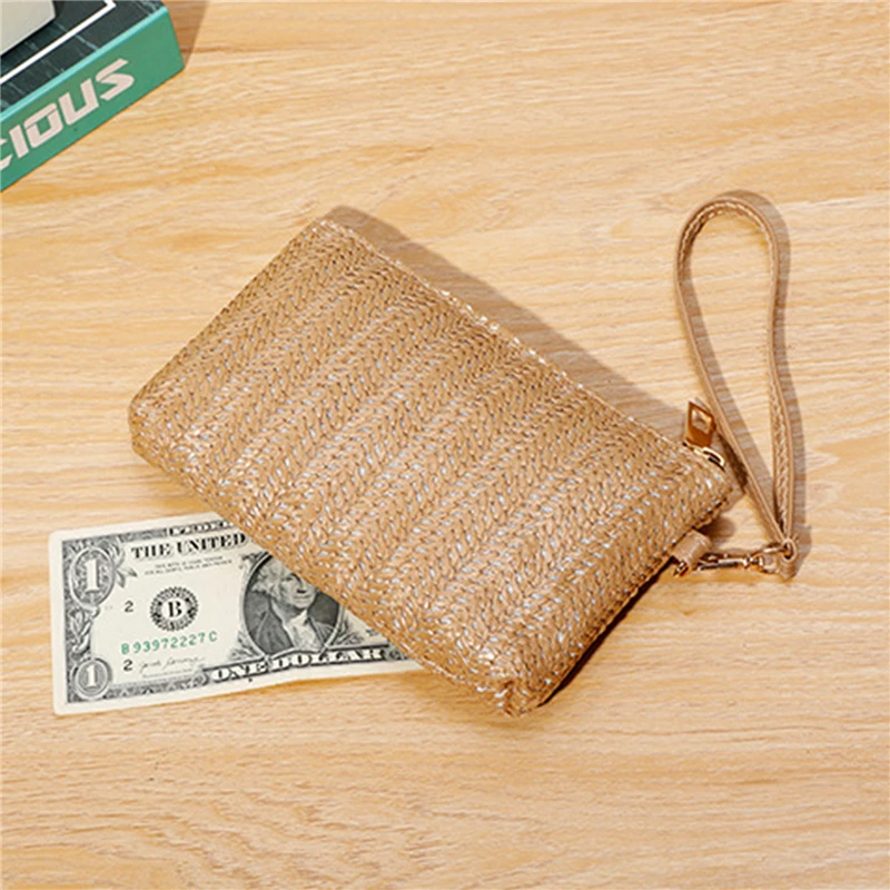 Weaving Bag Fashion Ladies Wristlet Clutch Women Daily Money Phone Clutch Solid Straw Woven Coin Purse Beach Wallet Card Bag