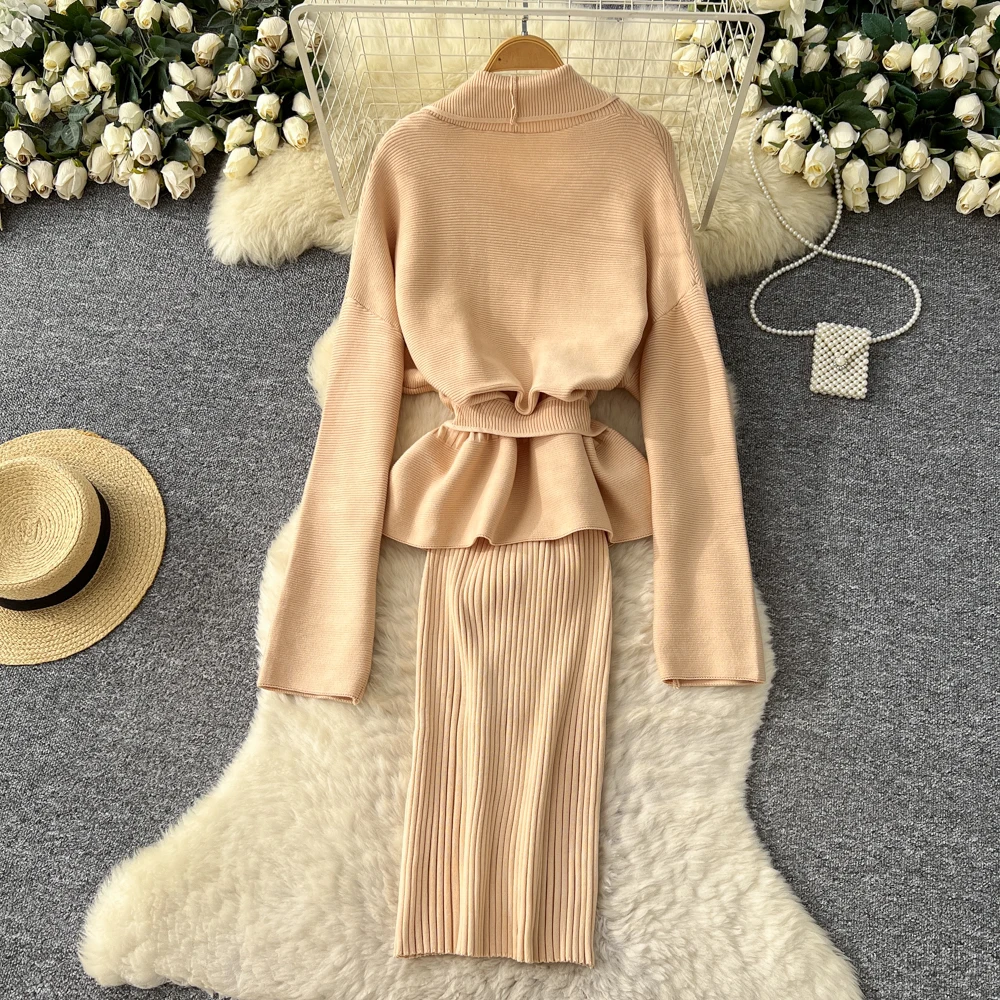 Casual Loose Solid Long Sleeve Lace up Knitted Cardigan+Skinny High Waist SLing Dresses 2-Piece Women's Autumn/Winter Suit