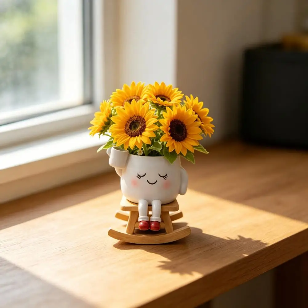 Durable Flower Pot S Planter Chair Plant Pot with Smiling Face Resin Planter with Drainage Hole Cute Indoor Flowerpot for Home