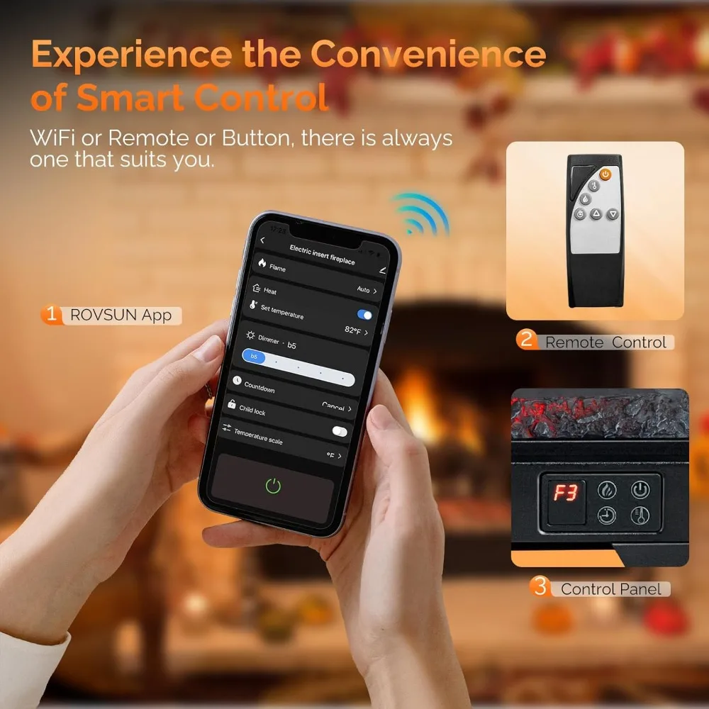 26 inserts de cheminée électrique avec télécommande, WiFi, faux bûches, minuterie, protection contre la surchauffe, flamme réglable