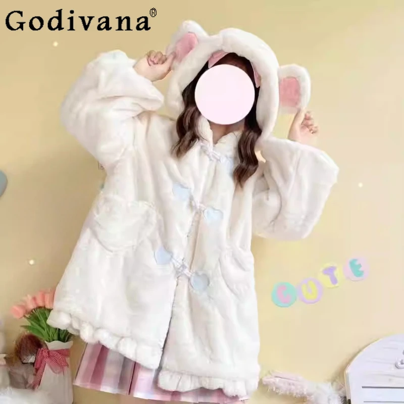 

Женское зимнее белое бархатное утолщенное милое пальто в стиле Лолиты с капюшоном, универсальный возрастной свободный модный топ с длинными рукавами для девочек