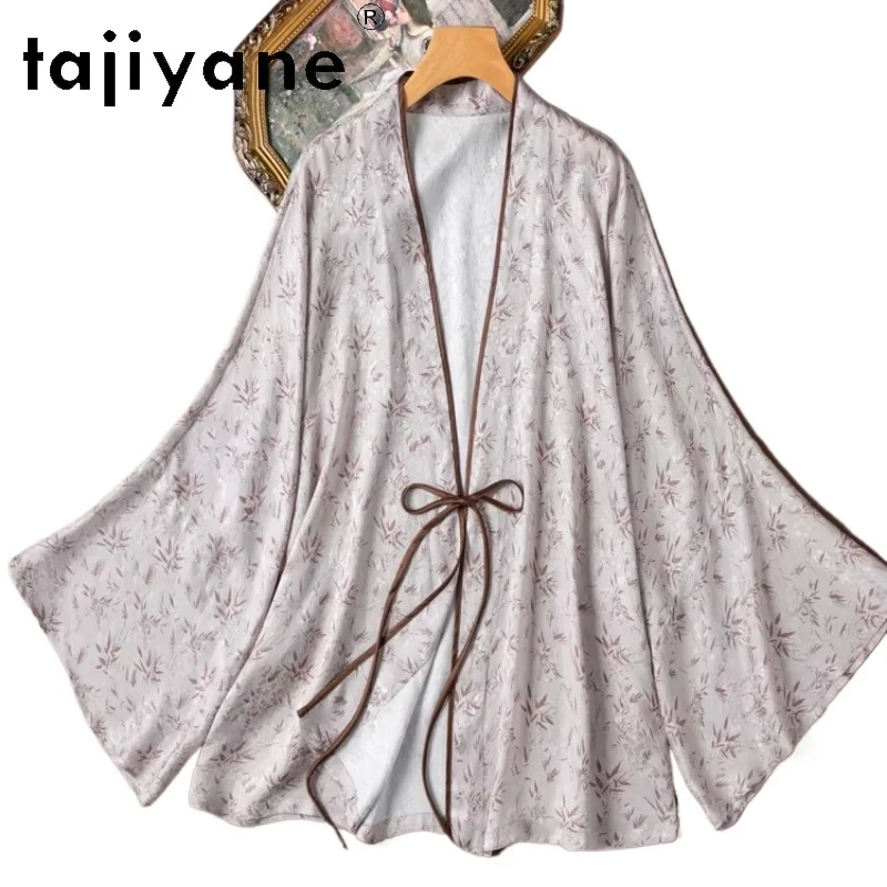 

TAJIYANE 100% натуральный шелковый кардиган из тутового шелкопряда, женская весенняя жаккардовая шелковая блузка с рукавами «летучая мышь», топ, женская одежда 2026