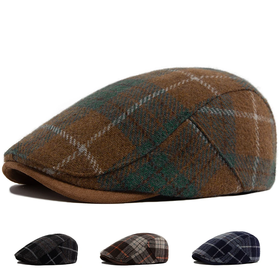 Winter Wool Color Grid Beret Men Vintage Fashion Newsboy Hat Autumn Warm Flat Cap For Women Retro Man Female Berets Adjustable