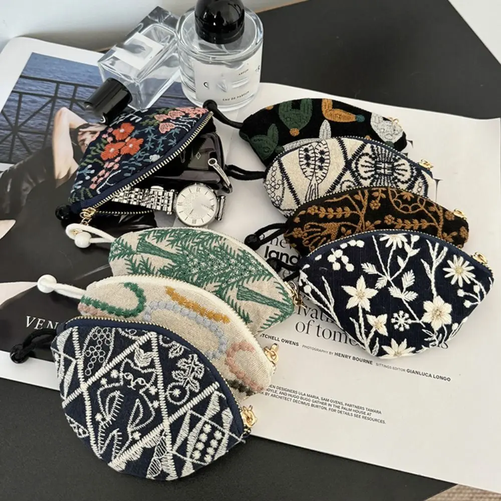 

Portable Ethnic Style Coin Purse Cotton Linen Card Holder Pull Type Key Bag Flower Korean Style Cute Zero Wallet Travel