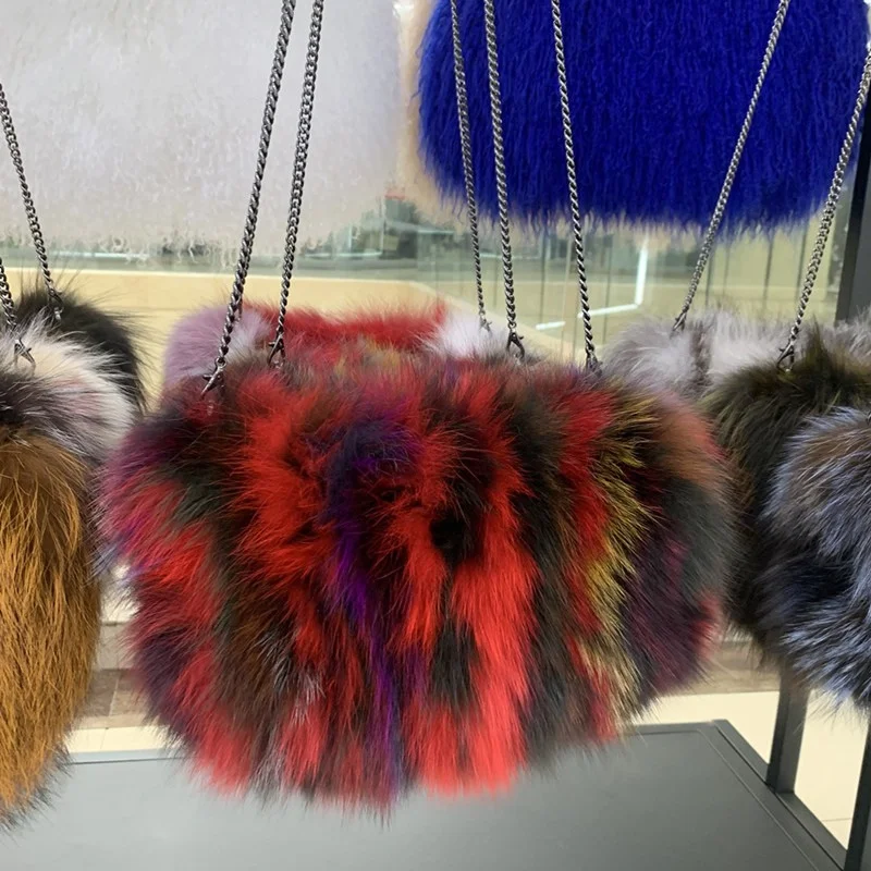 Autumnwinter Women's Fur Bag Luxury Fox Fur Metal Chain Crossbody Shoulder Bag Mini Plush Fox Fur Phone Bag