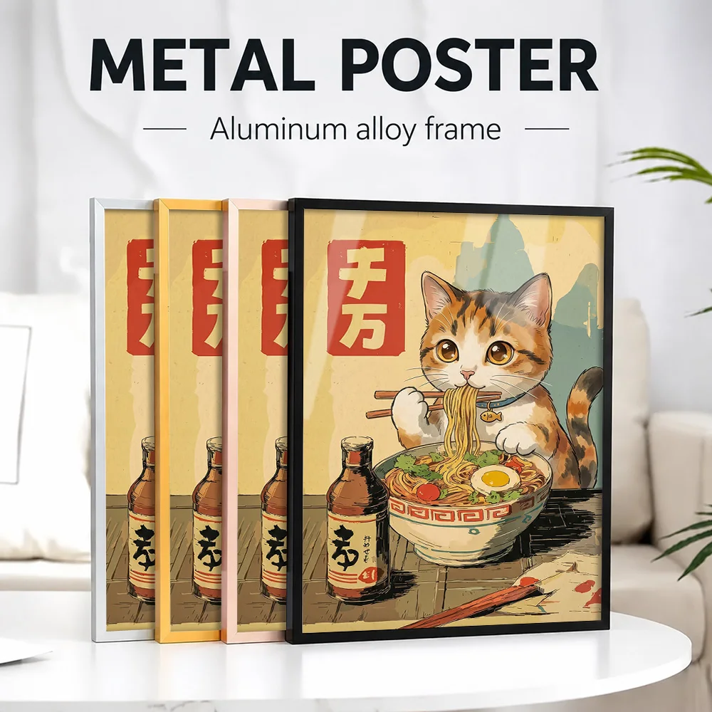 Cute Calico Cat Eating Ramen Framed Aluminum Metal Poster Customized Photo Bold Food Style Wall Art For Kitchen Home Cook Gift