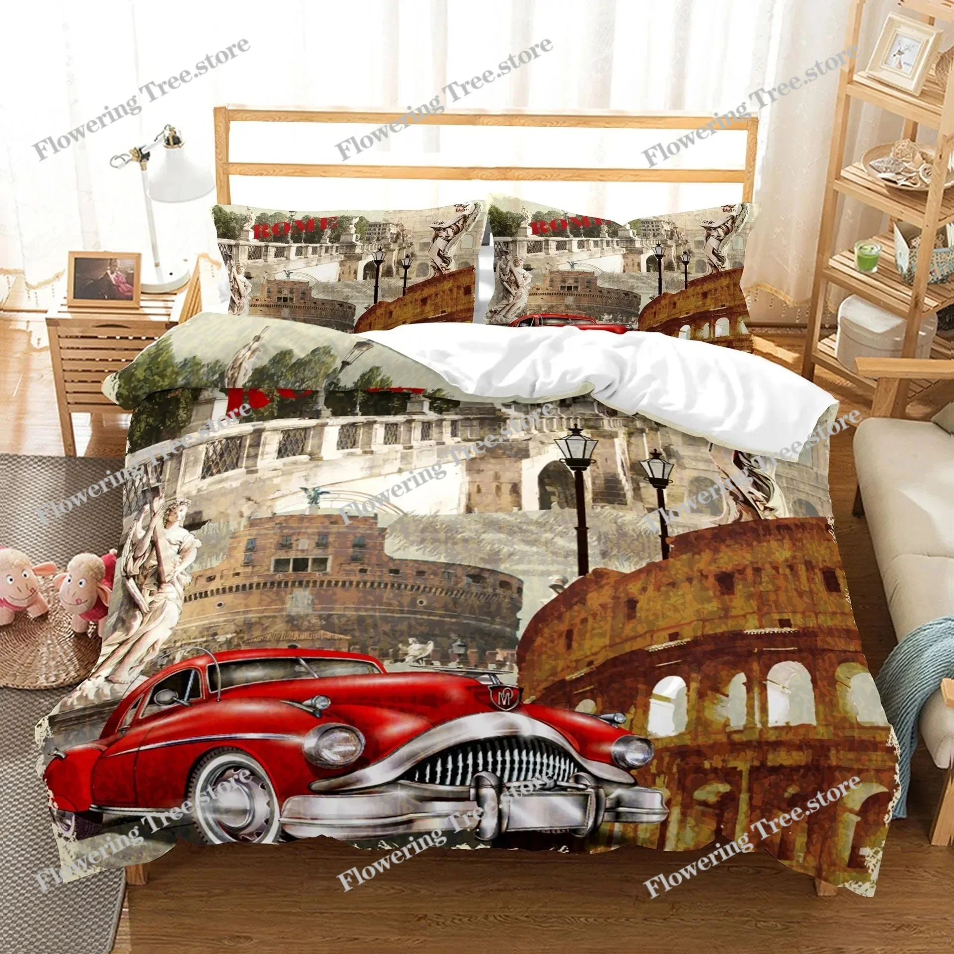 New York Statue of Liberty Duvet Cover KingQueen Size Retro Car Nostalgic 50s Bedding,Vintage Car Polyester Quilt Cover for Men