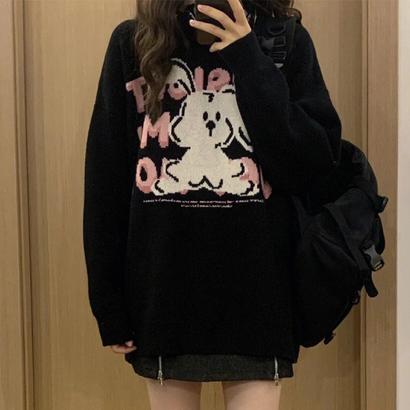 

Rabbit Jacquard Letter O-Neck Knitted Sweater 2023 Women's Black Loose Pullover Sweater Autumn Winter New Fashion Casual Sweater