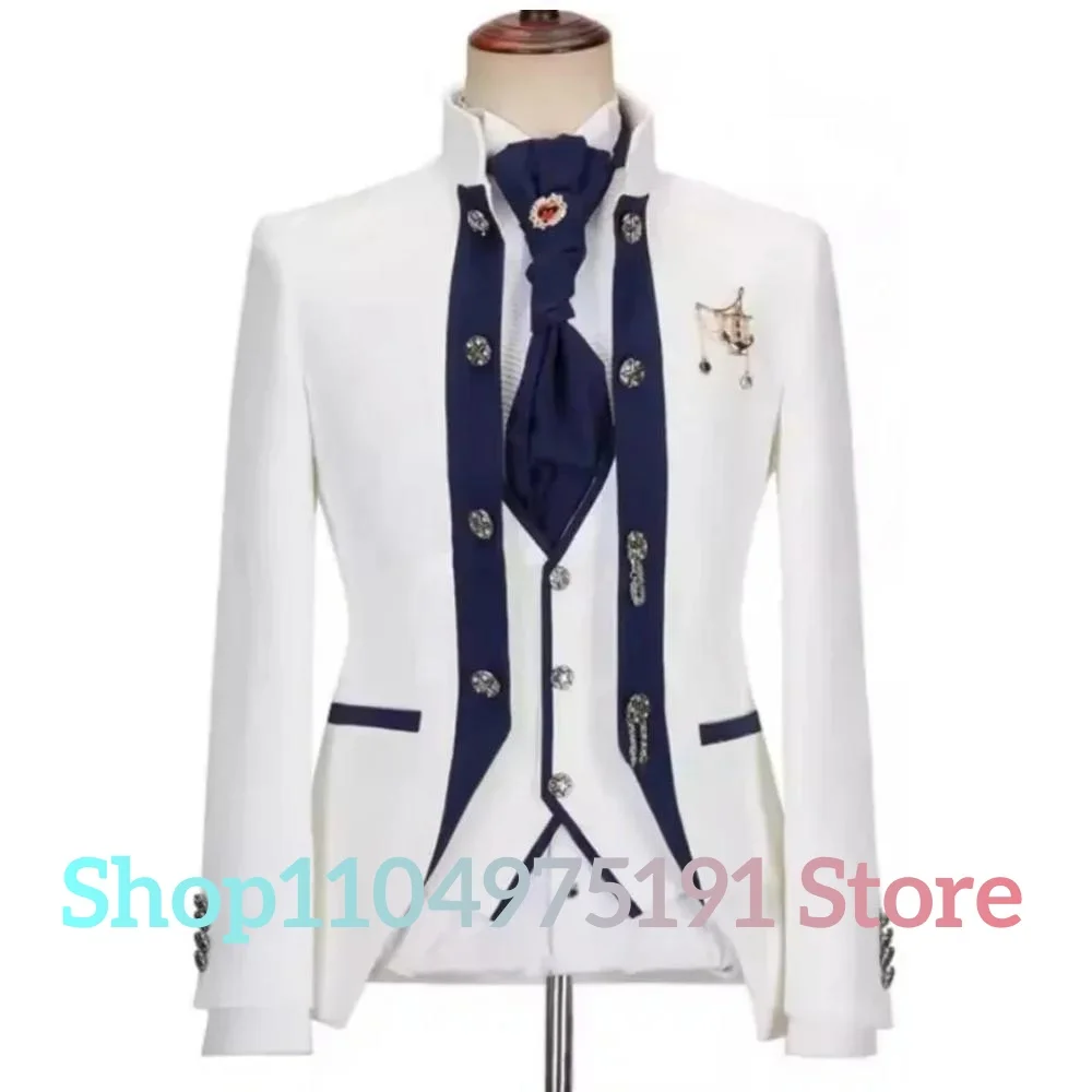 Temperament 3-piece Men's Suit Wedding Groom Tuxedo (Blazer+Vest+Pants) Elegant Men's Stage Costume Special Occasion Gowns
