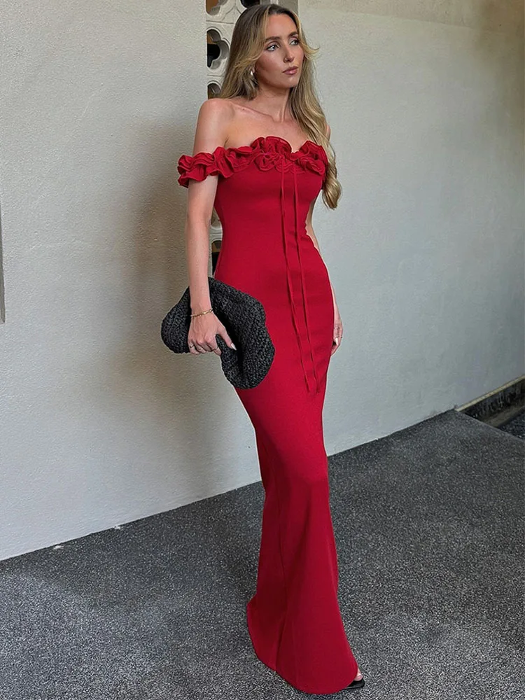 Elegancka sukienka maxi z falbanami, odkrywająca ramiona, damska, sznurowana, seksowna, z odkrytymi plecami, idealna na studniówkę, letnie ubrania, wesele, imprezę, festiwal.