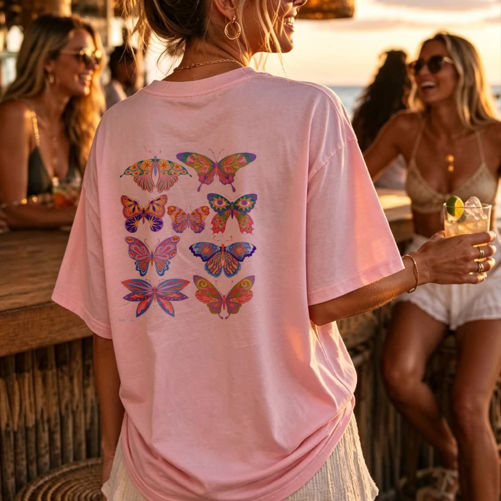 Pink Butterfly Pattern Cotton T-Shirt Crew Neck Short Sleeves Colorful Nine Butterflies Symmetrical Arrangement Casual Tops