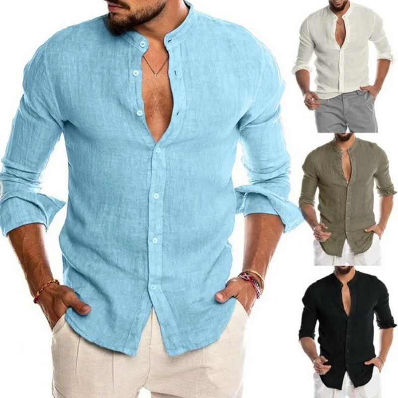 

2024 Spring and Autumn Season New Men's Solid Linen Standing Collar Cardigan Long Sleeved Loose Men's Shirt