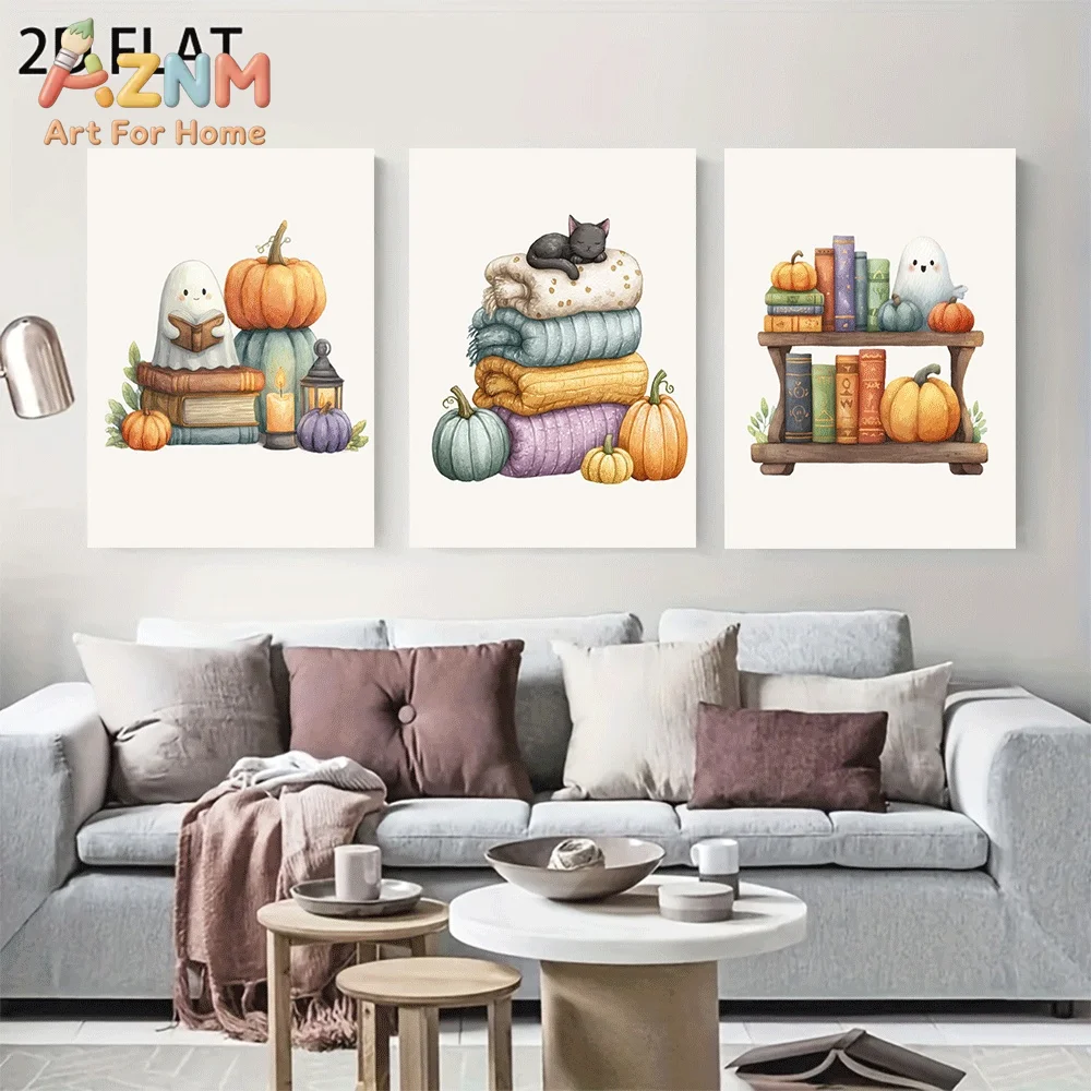 AZNM Watercolor Fall Halloween Canvas Wall Art, Cute Ghost Black Cat Pumpkin Stacked Quilt Vintage Book Shelf Cozy Autumn Festiv