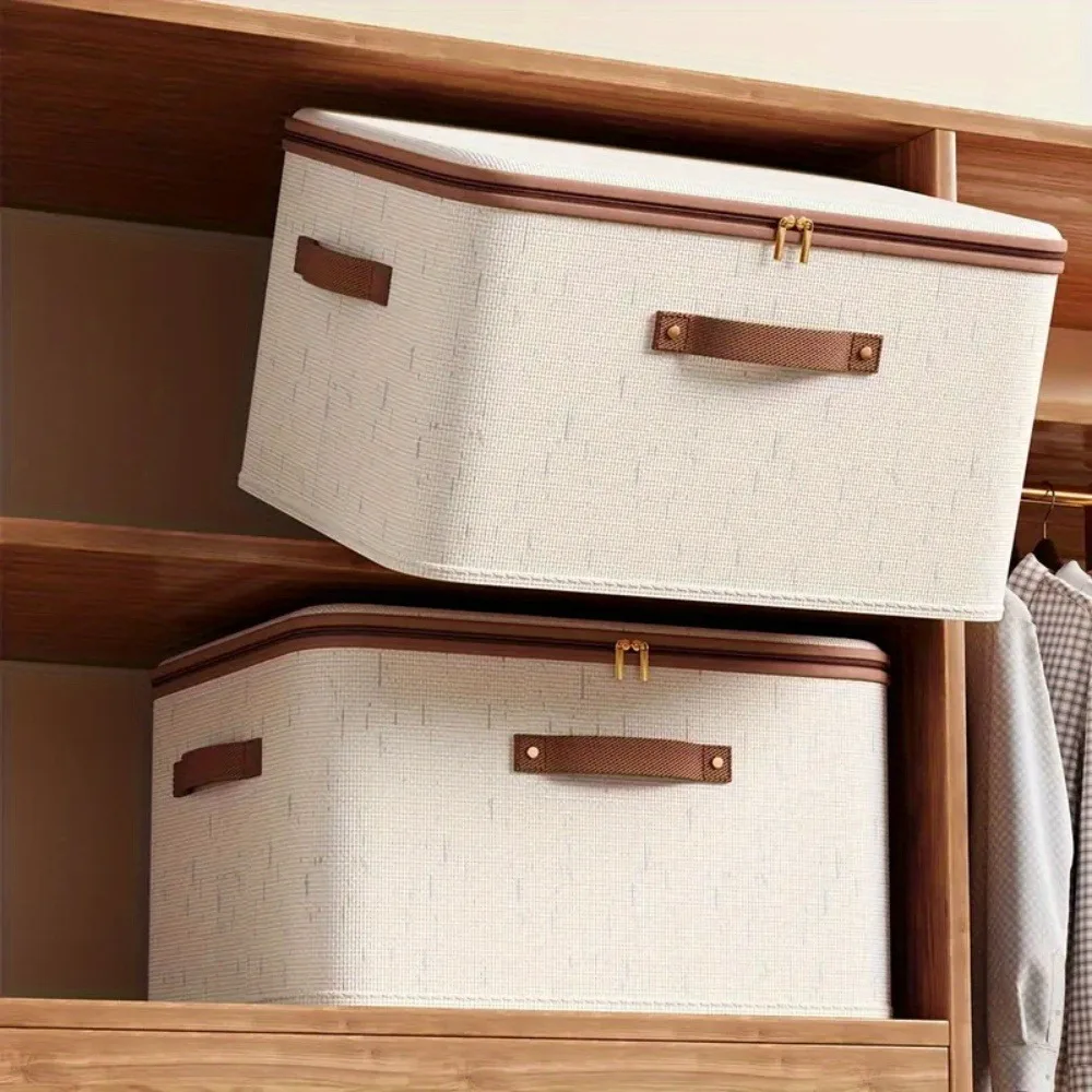 1/2PCS Champagne Fabric Storage Box With Lid Zipper Dustproof For Clothes Blankets Under Bed Bedroom Dorm Freestanding
