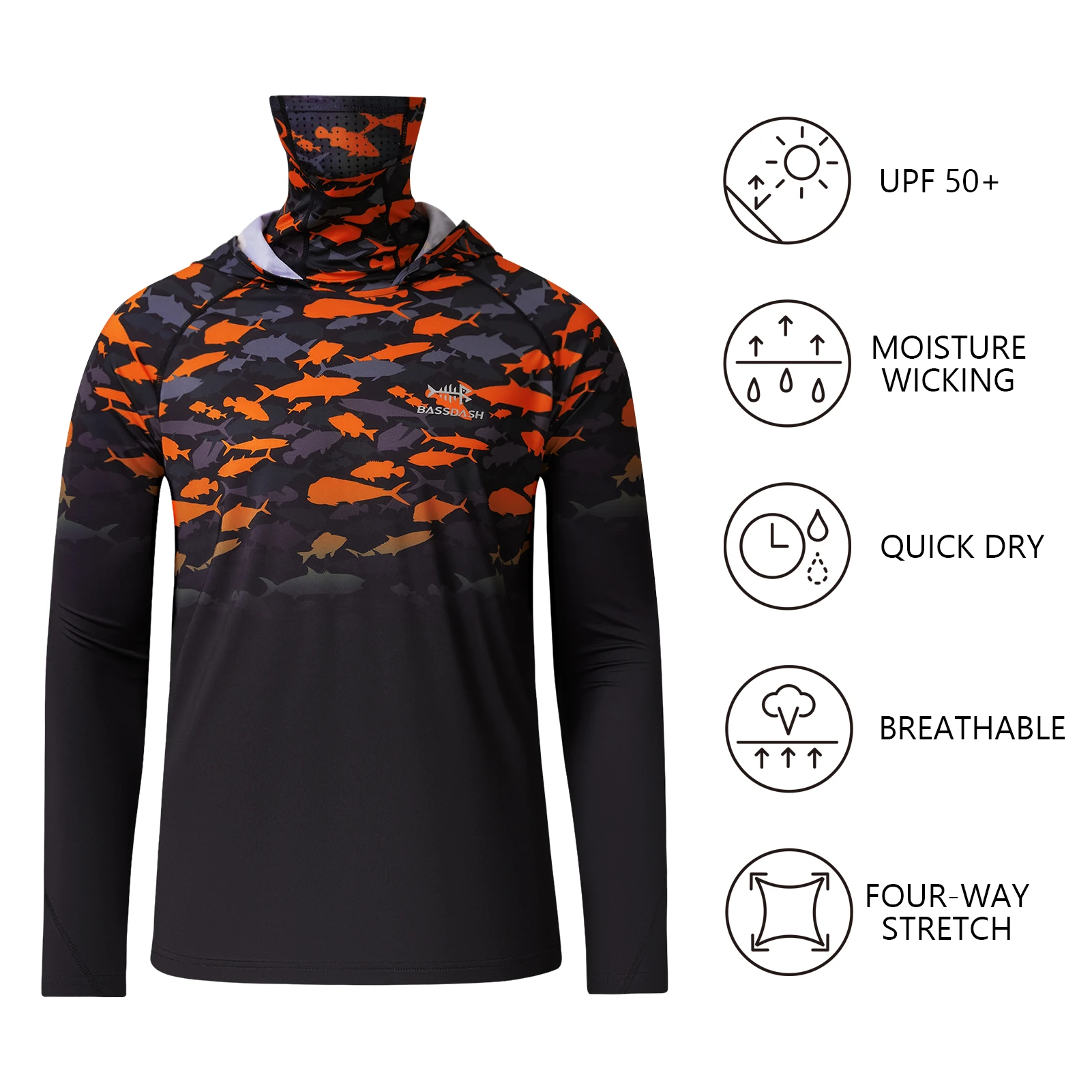 BASSDASH Youth UPF 50+ Hooded Shirts with Mask UV Neck Gaiter Sun Protection Long Sleeve T Shirt for Fishing Swim
