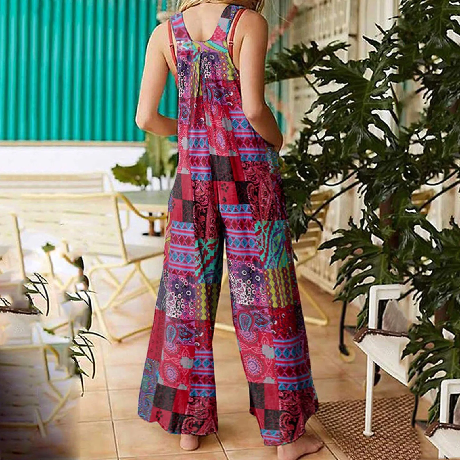 Women\'s Summer Overalls Multicolor Ethnic Style Square Neck Sleeveless Casual Jumpsuit with Pockets for Girls Streetwear