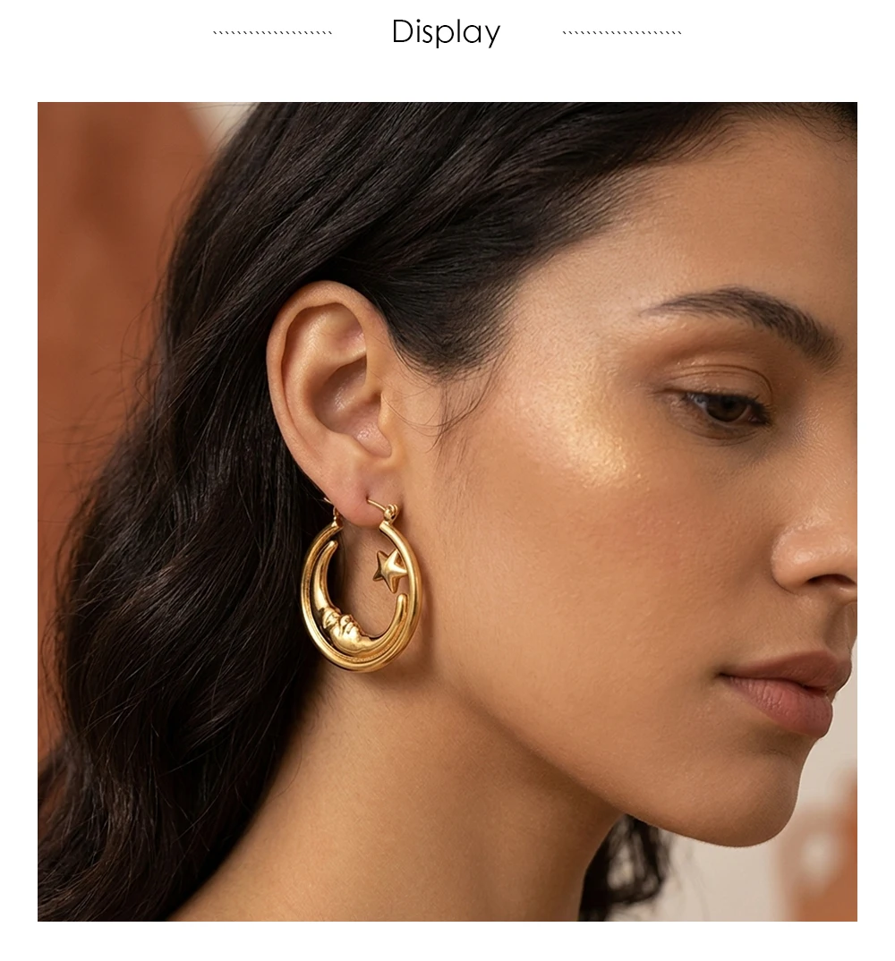 MamacitaSlay Einzigartige 316L Edelstahl Mond-Stern-Creolen, 18K vergoldet, wasserdichter Schmuck für Damen, Alltagskleidung, Geschenk – Detail 3