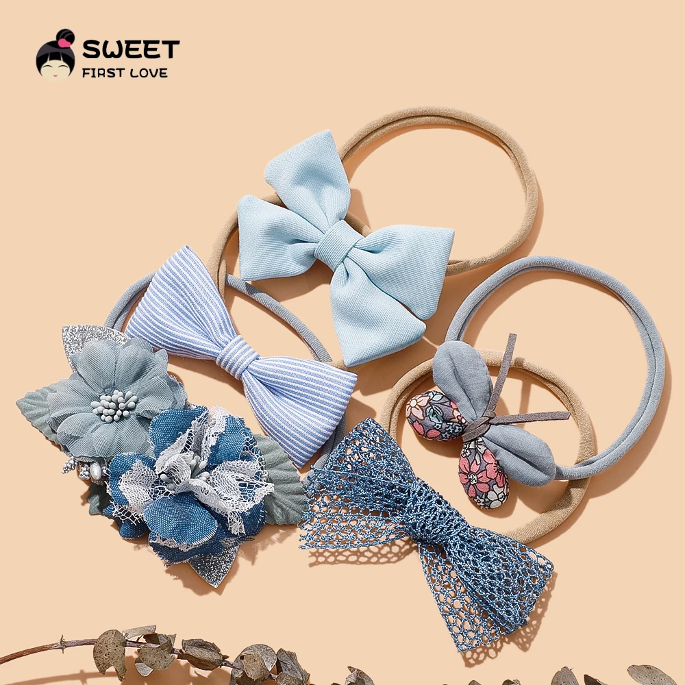 Hair Bands Newborn Blue Series Bow Flowers Headband Soft Elastic Nylon Hair Bands For Kids Girls Headwear Baby Hair Accessories