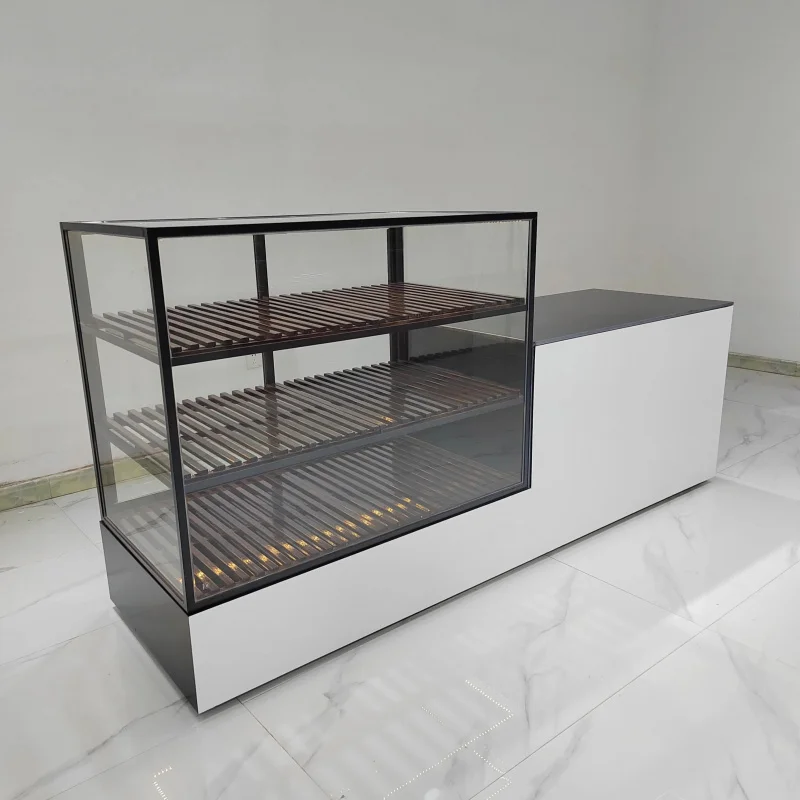 custom.Commercial Bakery Display with Glass Front Wooden Back LED Lighting Heavy Duty Durable Customizable Dim