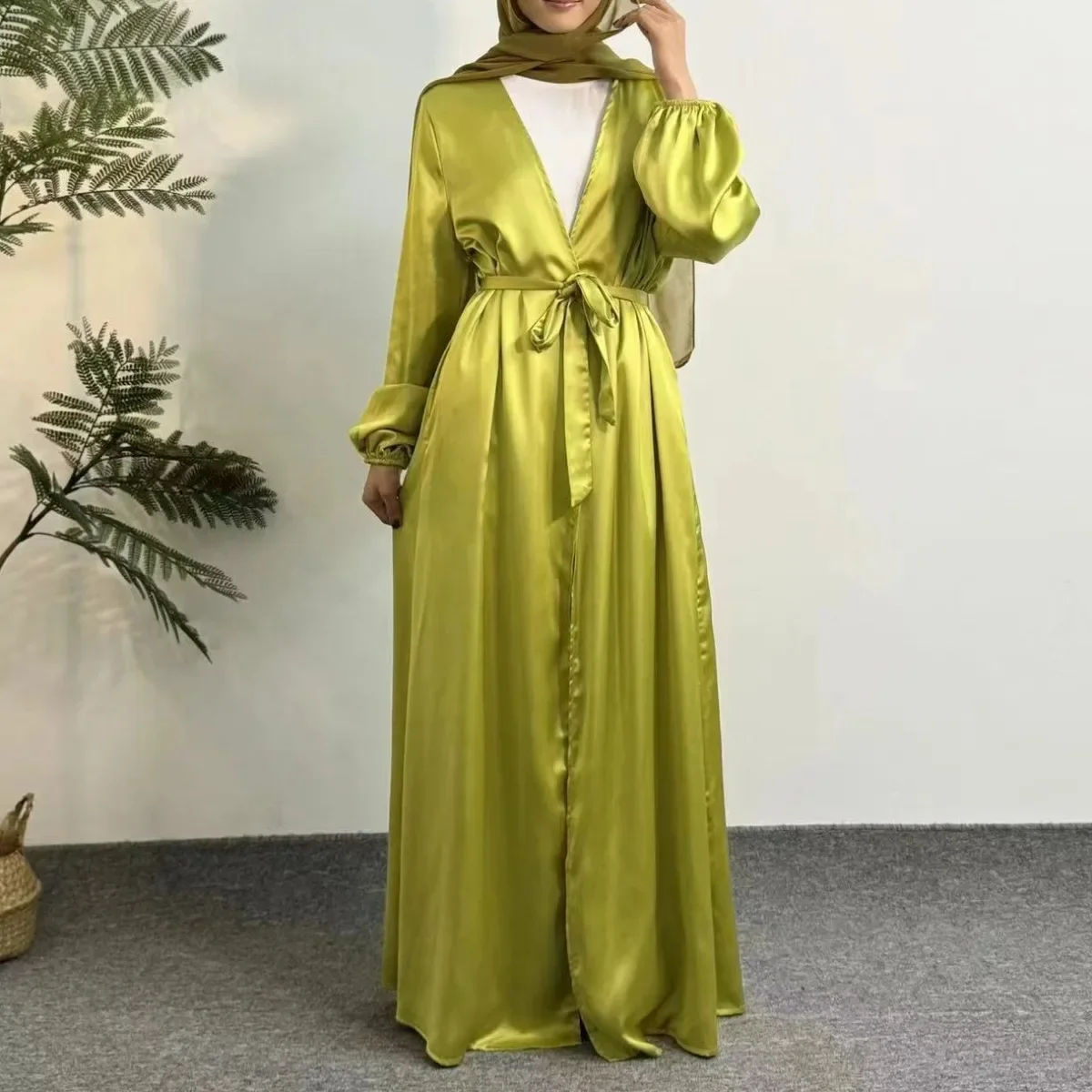 

Women Abayas Muslim Kaftan Puff Sleeves Maxi Length Ramadan Dresses Jilbabs Open Front Abayas With Belt Outwear Cardigan Coats